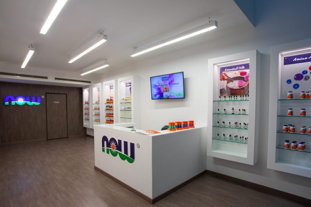 Essential oils and amino acid displays inside the NOW Supplements Store